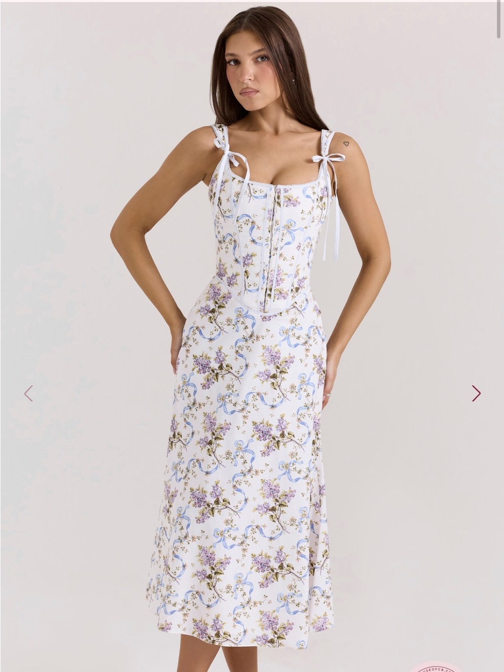 House of CB White Floral Midi Dress with Blue and Purple Accents